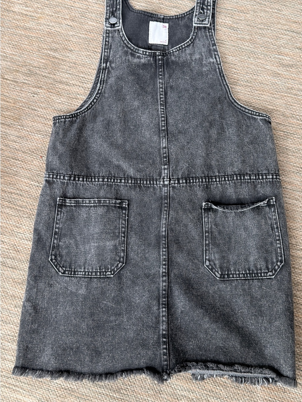SO Denim Black Acid Wash Overall Dress Distressed Raw Hem Pocket